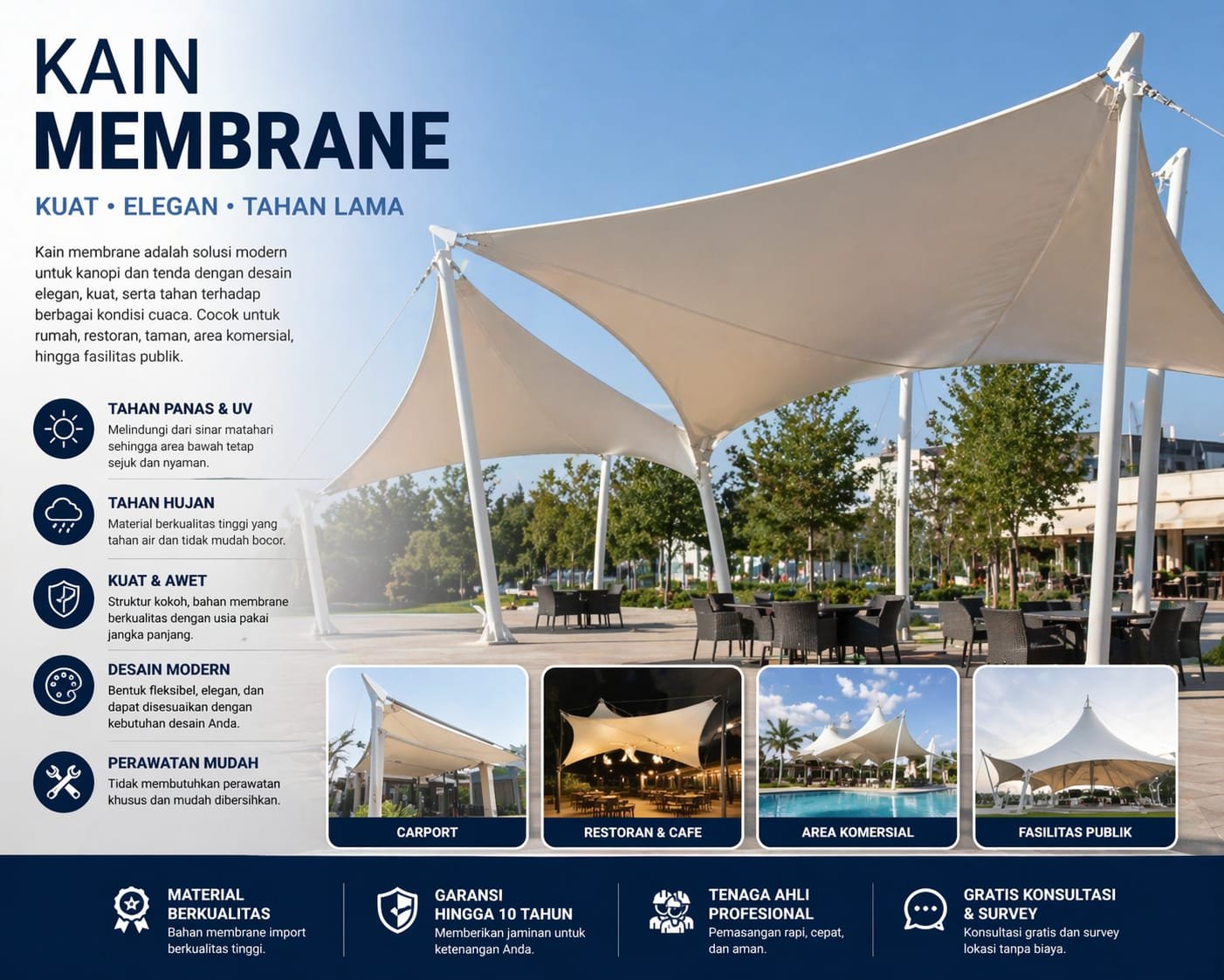 Jasa pemasangan kanopi membrane modern di Bandung untuk rumah dan cafe desain elegan