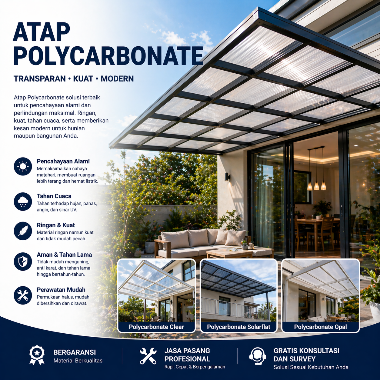 kanopi polycarbonate Bandung kuat dan ringan untuk carport